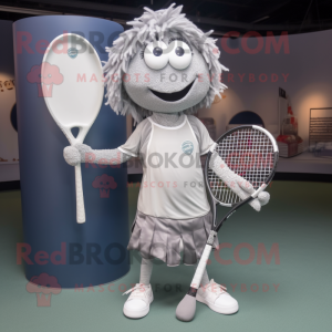 Silver Tennis Racket mascot costume character dressed with a Leggings and Shawl pins