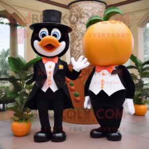 Peach Mandarin mascot costume character dressed with a Tuxedo and Rings