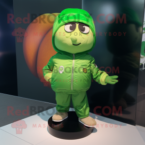 Green Apricot mascot costume character dressed with a Bomber Jacket and Belts