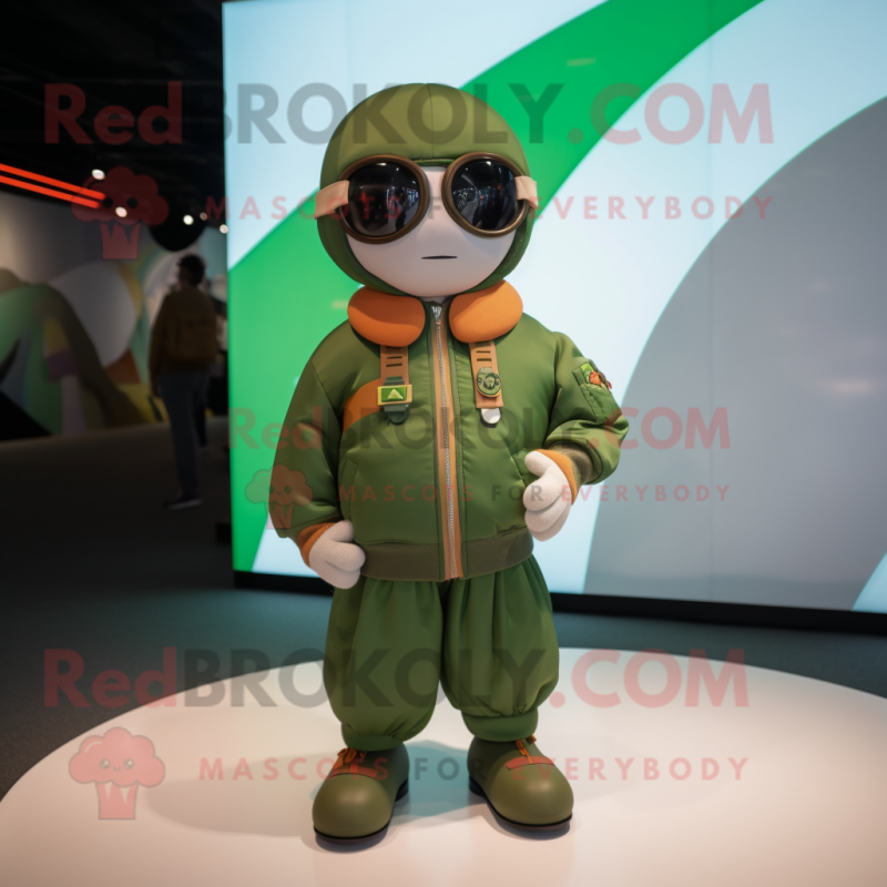 Green Apricot mascot costume character dressed with a Bomber Jacket and Belts