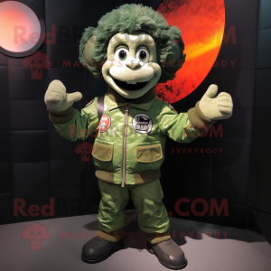 Green Apricot mascot costume character dressed with a Bomber Jacket and Belts