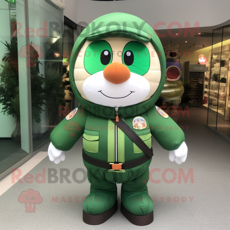 Green Apricot mascot costume character dressed with a Bomber Jacket and Belts