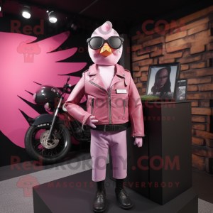 Pink Dove mascot costume character dressed with a Biker Jacket and Suspenders