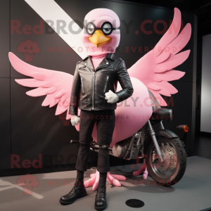 Pink Dove mascot costume character dressed with a Biker Jacket and Suspenders