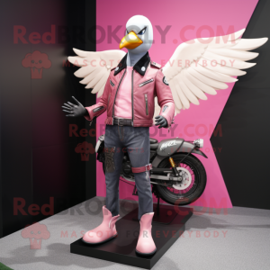 Pink Dove mascot costume character dressed with a Biker Jacket and Suspenders