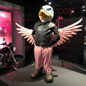 Pink Dove mascot costume character dressed with a Biker Jacket and Suspenders