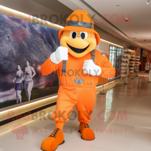 Orange American Soldier mascot costume character dressed with a Running Shorts and Gloves