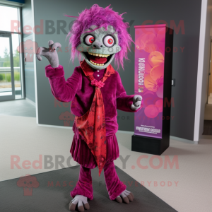 Magenta Zombie mascot costume character dressed with a Dress Pants and Shawl pins