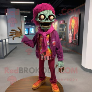 Magenta Zombie mascot costume character dressed with a Dress Pants and Shawl pins