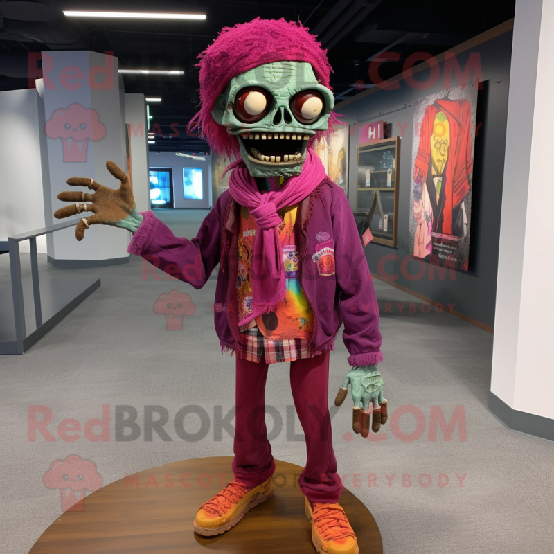 Magenta Zombie mascot costume character dressed with a Dress Pants and Shawl pins