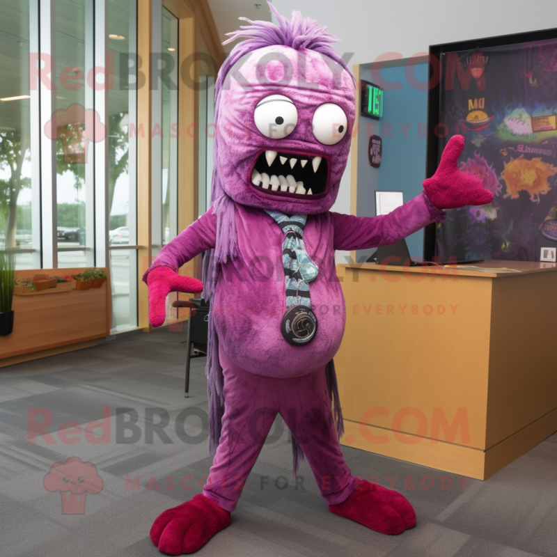 Magenta Zombie mascot costume character dressed with a Dress Pants and Shawl pins Magenta Zombie mascot costume character dressed with a Dress Pants and Shawl pins