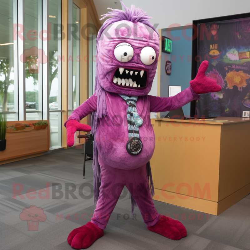 Magenta Zombie mascot costume character dressed with a Dress Pants and Shawl pins