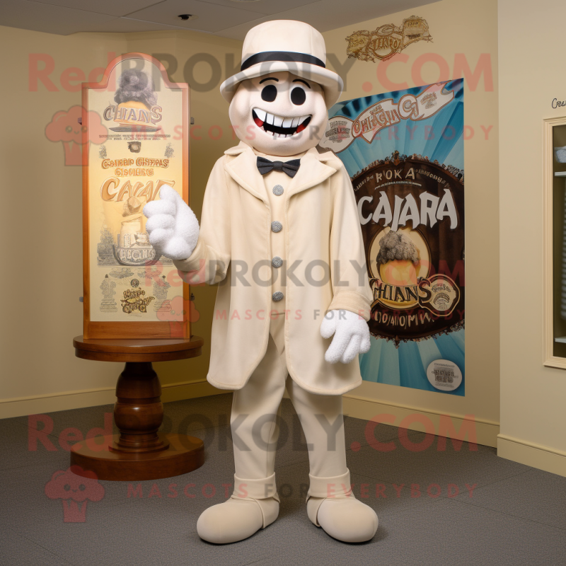 Cream Graveyard mascot costume character dressed with a Capri Pants and Hat pins