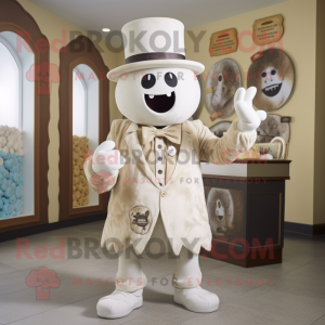 Cream Graveyard mascot costume character dressed with a Capri Pants and Hat pins