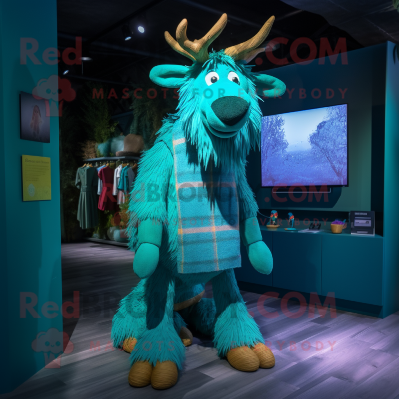 Cyan Irish Elk mascot costume character dressed with a Cardigan and Anklets