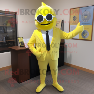 Lemon Yellow Attorney mascot costume character dressed with a Capri Pants and Cufflinks
