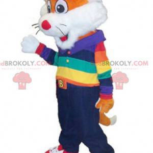 Kleine oranje en witte vos mascotte in kleurrijke outfit -