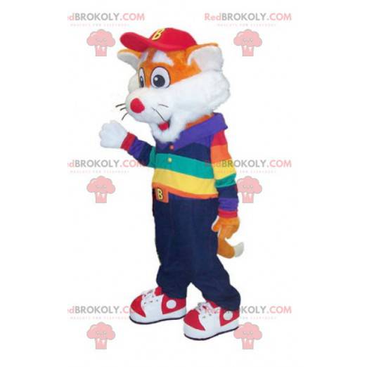 Mascot pequeño zorro naranja y blanco en traje colorido -
