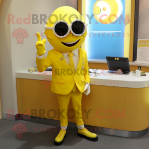 Lemon Yellow Attorney mascot costume character dressed with a Capri Pants and Cufflinks