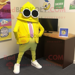 Lemon Yellow Attorney mascot costume character dressed with a Capri Pants and Cufflinks
