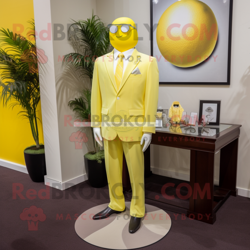 Lemon Yellow Attorney mascot costume character dressed with a Capri Pants and Cufflinks