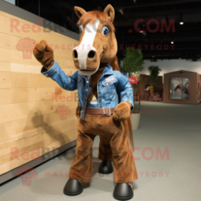 Brown Horse mascot costume character dressed with a Denim Shirt and Bracelets