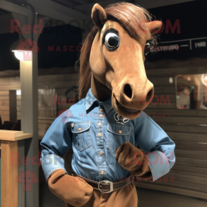 Brown Horse mascot costume character dressed with a Denim Shirt and Bracelets