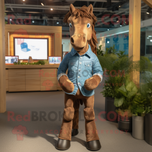 Brown Horse mascot costume character dressed with a Denim Shirt and Bracelets