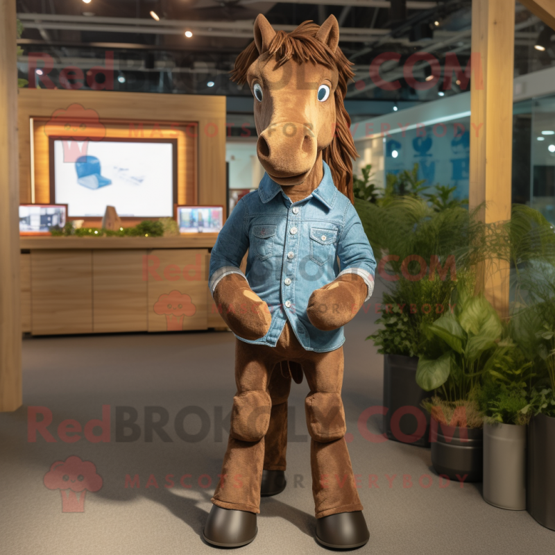 Brown Horse mascot costume character dressed with a Denim Shirt and Bracelets Brown Horse mascot costume character dressed with a Denim Shirt and Bracelets