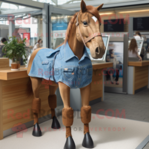 Brown Horse mascot costume character dressed with a Denim Shirt and Bracelets