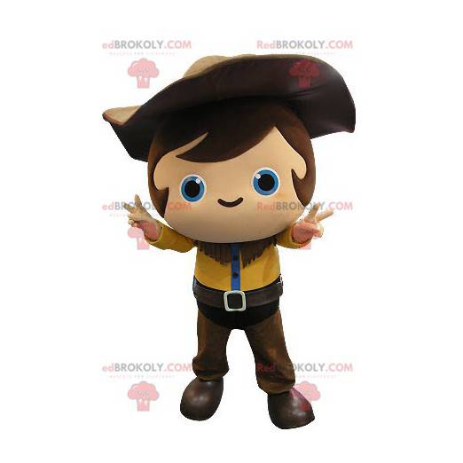 Mascotte d'enfant de cow-boy avec une tenue jaune et marron -