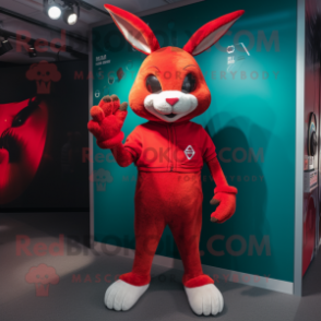 Red Rabbit mascot costume character dressed with a Bermuda Shorts and Gloves