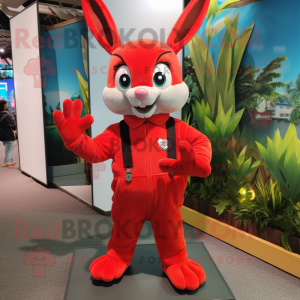 Red Rabbit mascot costume character dressed with a Bermuda Shorts and Gloves