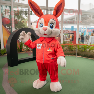 Red Rabbit mascot costume character dressed with a Bermuda Shorts and Gloves