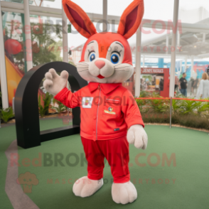 Red Rabbit mascot costume character dressed with a Bermuda Shorts and Gloves