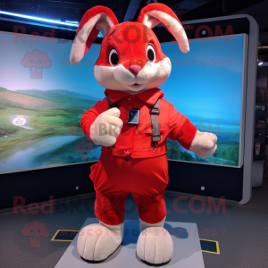 Red Rabbit mascot costume character dressed with a Bermuda Shorts and Gloves