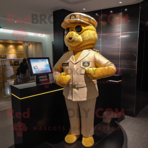 Gold Police Officer mascot costume character dressed with a Polo Shirt and Pocket squares