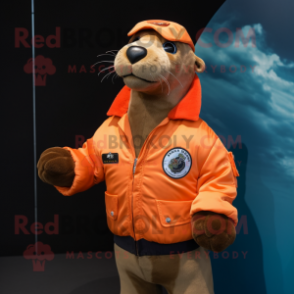 Orange Sea Lion mascot costume character dressed with a Bomber Jacket and Cufflinks