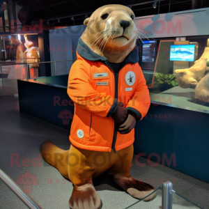 Orange Sea Lion mascot costume character dressed with a Bomber Jacket and Cufflinks