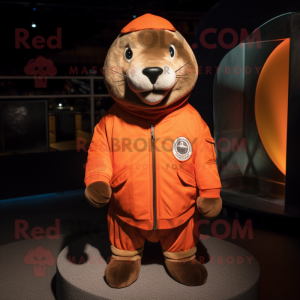 Orange Sea Lion mascot costume character dressed with a Bomber Jacket and Cufflinks