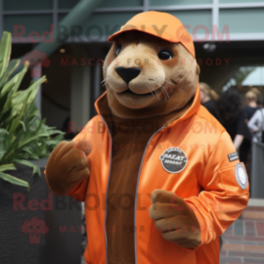 Orange Sea Lion mascot costume character dressed with a Bomber Jacket and Cufflinks