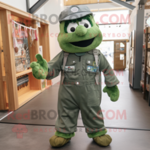 Silver Green Beret mascot costume character dressed with a Dungarees and Necklaces