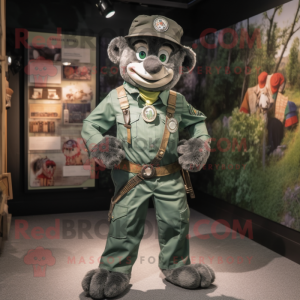 Silver Green Beret mascot costume character dressed with a Dungarees and Necklaces