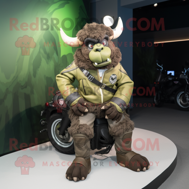 Olive Minotaur mascot costume character dressed with a Moto Jacket and Foot pads