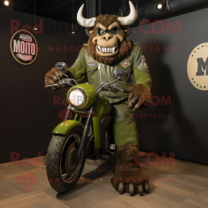 Olive Minotaur mascot costume character dressed with a Moto Jacket and Foot pads