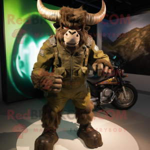 Olive Minotaur mascot costume character dressed with a Moto Jacket and Foot pads