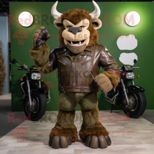 Olive Minotaur mascot costume character dressed with a Moto Jacket and Foot pads