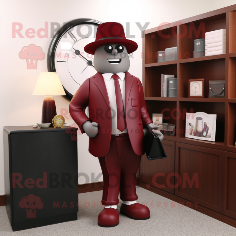 Maroon Attorney mascot costume character dressed with a Suit Pants and Hats Maroon Attorney mascot costume character dressed with a Suit Pants and Hats