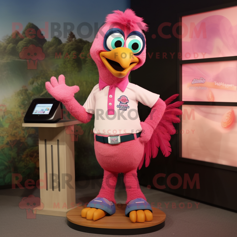 Pink Peacock mascot costume character dressed with a Polo Shirt and Digital watches