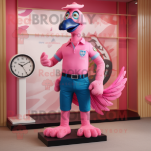 Pink Peacock mascot costume character dressed with a Polo Shirt and Digital watches